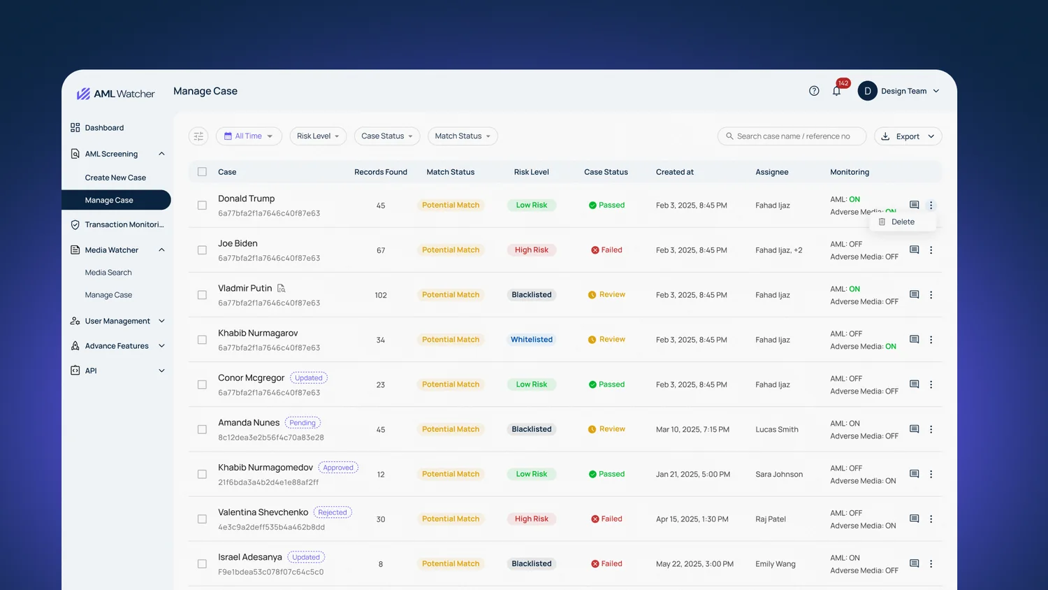 AML Watcher - backoffice view 1